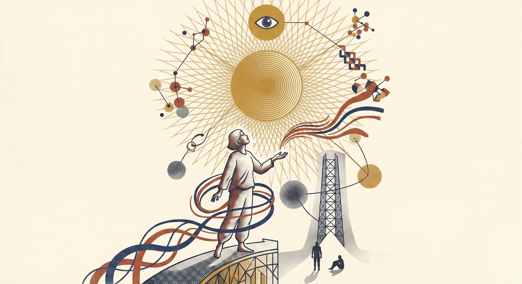 Halftone illustration of a figure standing before concentric orbiting systems