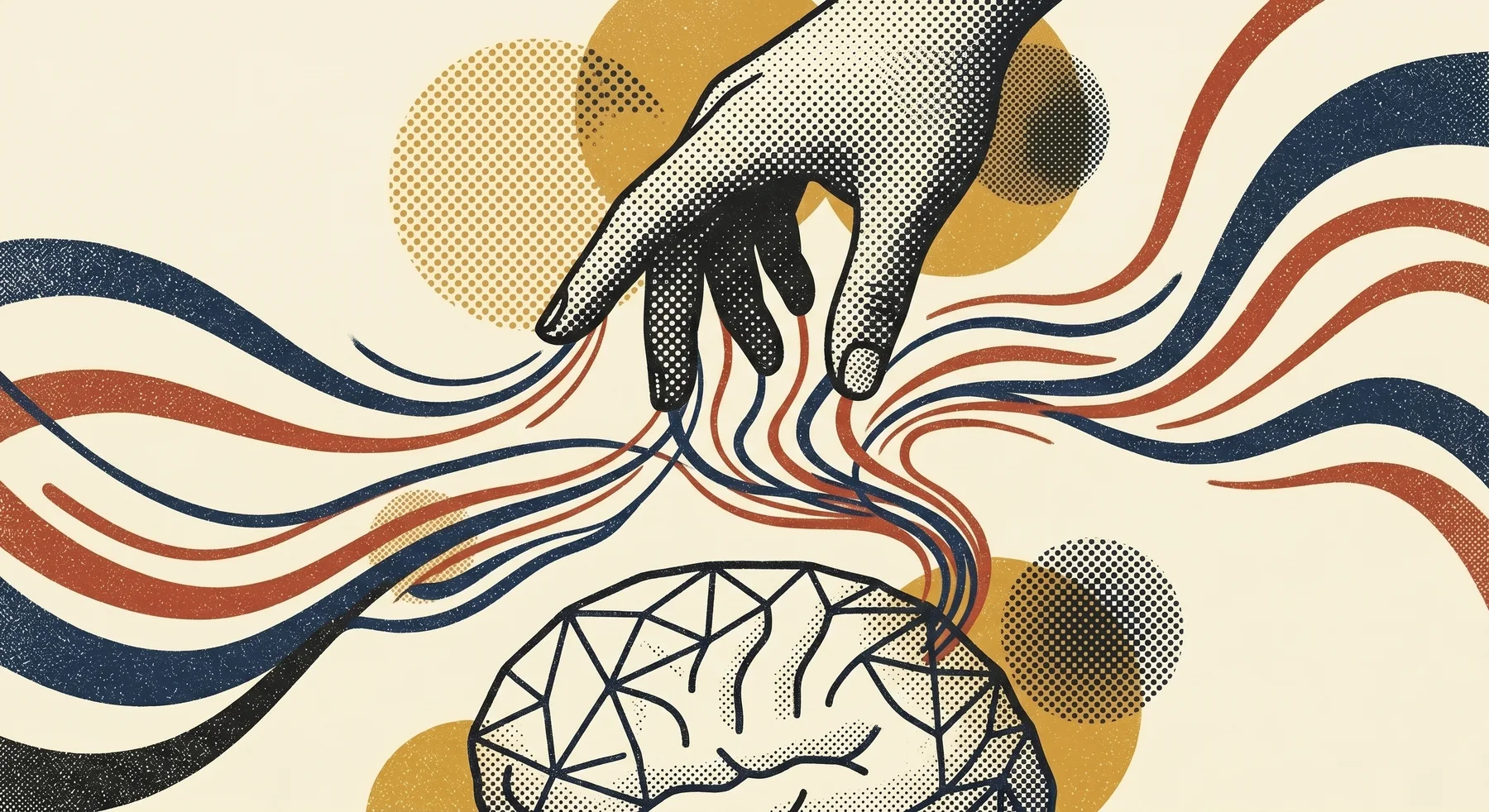 Halftone illustration of a hand and a brain joined by looping ribbons