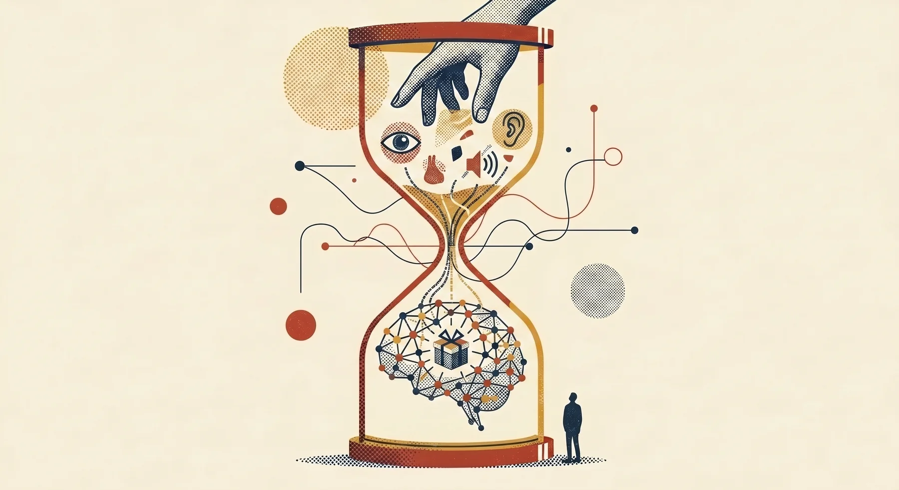 Halftone illustration of an hourglass holding a human profile