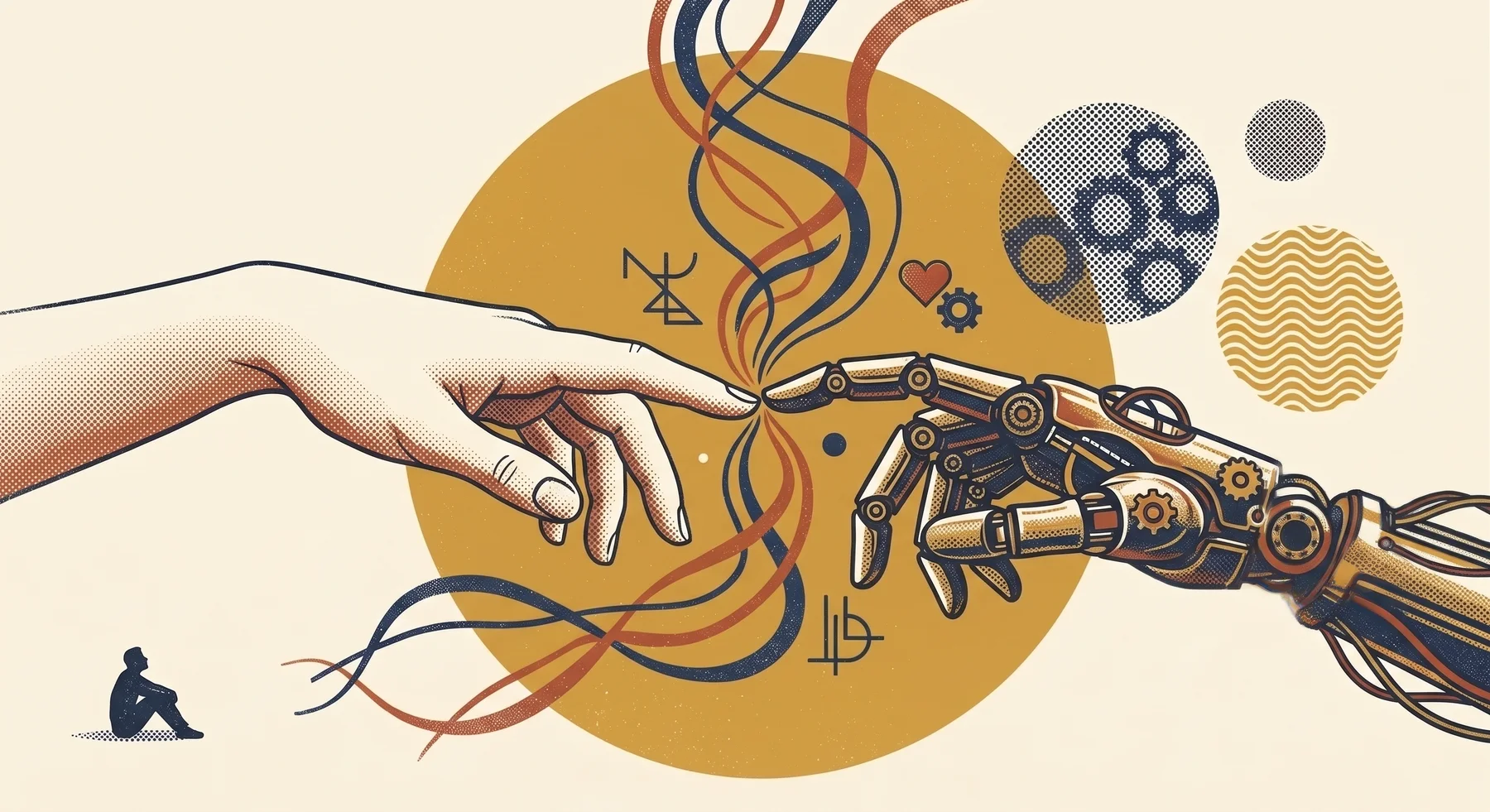 Halftone illustration of a human hand and a machine hand reaching toward each other